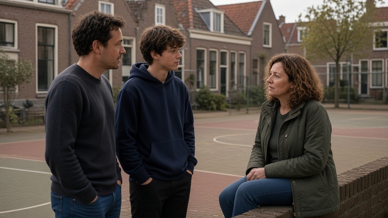 Een jongere in gesprek met twee volwassenen bij een sportveld.